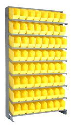 The Pick Rack is a single-sided, sloped organizer made of galvanized steel, measuring 12D x 36W x 63-1/2H. It includes eight shelves and 64 yellow QSB201 bins, perfect for storing tools or small parts in a workshop or garage. Each shelf holds nine bins to keep your space tidy and efficient.