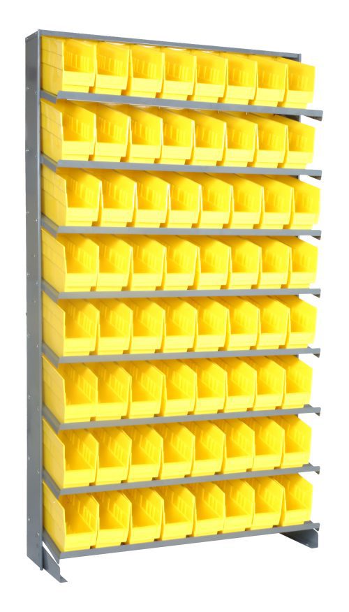 The Pick Rack is a single-sided, sloped organizer made of galvanized steel, measuring 12D x 36W x 63-1/2H. It includes eight shelves and 64 yellow QSB201 bins, perfect for storing tools or small parts in a workshop or garage. Each shelf holds nine bins to keep your space tidy and efficient.