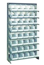 The Pick Rack, measuring 12D x 36W x 63-1/2H, is a sturdy galvanized steel shelving unit with eight shelves and 40 Qsb202 clear bins, each supported by vertical metal posts.