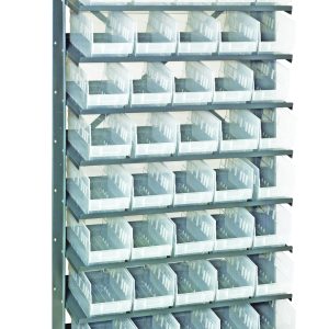 The Pick Rack, measuring 12D x 36W x 63-1/2H, is a sturdy galvanized steel shelving unit with eight shelves and 40 Qsb202 clear bins, each supported by vertical metal posts.