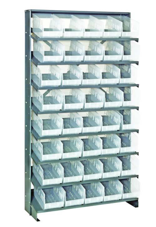 The Pick Rack, measuring 12D x 36W x 63-1/2H, is a sturdy galvanized steel shelving unit with eight shelves and 40 Qsb202 clear bins, each supported by vertical metal posts.