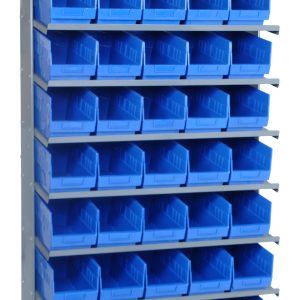 A single-sided pick rack made of galvanized steel measures 12D x 36W x 63-1/2H, holds up to 400 lbs, and includes (8) shelves with (40) QSB202 blue slopped bins for easy access and organized storage.