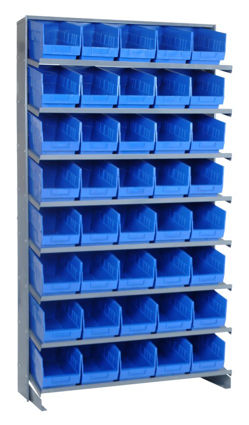 A single-sided pick rack made of galvanized steel measures 12D x 36W x 63-1/2H, holds up to 400 lbs, and includes (8) shelves with (40) QSB202 blue slopped bins for easy access and organized storage.