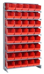 A galvanized steel pick rack features eight sloped shelves with forty QSB202 red bins. Each shelf holds five bins, perfect for organizing small items in workshops or garages. The single-sided setup is 12D x 36W x 63-1/2H and supports up to 400 lbs.