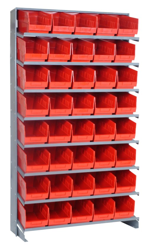 A galvanized steel pick rack features eight sloped shelves with forty QSB202 red bins. Each shelf holds five bins, perfect for organizing small items in workshops or garages. The single-sided setup is 12D x 36W x 63-1/2H and supports up to 400 lbs.