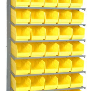 The single-sided, slopped Pick Rack has a 400 lbs. capacity and features a galvanized steel shelving unit measuring 12D x 36W x 63-1/2H. It includes eight shelves and holds forty QSB202 yellow bins, with each of the five rows containing eight open-front bins for easy access.