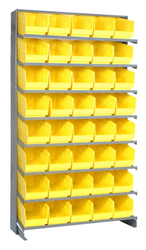 The single-sided, slopped Pick Rack has a 400 lbs. capacity and features a galvanized steel shelving unit measuring 12D x 36W x 63-1/2H. It includes eight shelves and holds forty QSB202 yellow bins, with each of the five rows containing eight open-front bins for easy access.