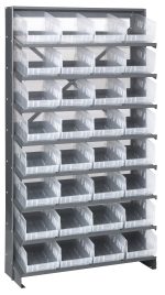 The Pick Rack features a single-sided, sloped design with 8 shelves and 32 QSB207 clear bins, offering organized storage in its galvanized steel structure measuring 12D x 36W x 63-1/2H and supporting up to 400 lbs. Open-topped for easy access.