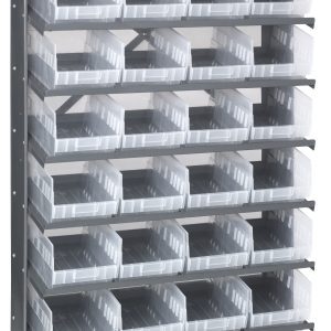 The Pick Rack features a single-sided, sloped design with 8 shelves and 32 QSB207 clear bins, offering organized storage in its galvanized steel structure measuring 12D x 36W x 63-1/2H and supporting up to 400 lbs. Open-topped for easy access.