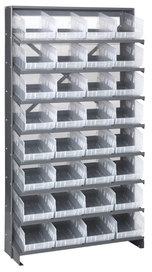 The Pick Rack features a single-sided, sloped design with 8 shelves and 32 QSB207 clear bins, offering organized storage in its galvanized steel structure measuring 12D x 36W x 63-1/2H and supporting up to 400 lbs. Open-topped for easy access.