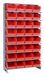 This Pick Rack is a sloped, single-sided unit made of galvanized steel, measuring 12D x 36W x 63-1/2H. It includes eight shelves with 32 QSB207 red bins and has a capacity of 400 lbs., providing optimal storage and organization against a crisp white background.