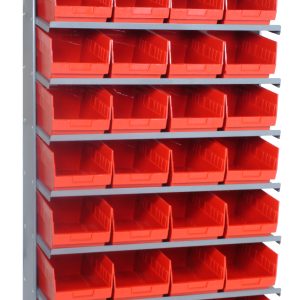 This Pick Rack is a sloped, single-sided unit made of galvanized steel, measuring 12D x 36W x 63-1/2H. It includes eight shelves with 32 QSB207 red bins and has a capacity of 400 lbs., providing optimal storage and organization against a crisp white background.