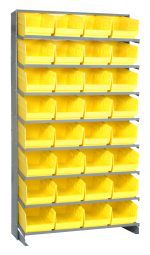 Introducing the Pick Rack: a 12D x 36W x 63.5H sloped, single-sided shelving unit made of galvanized steel, featuring eight shelves and 32 QSB207 yellow bins. This freestanding rack efficiently organizes small items with a robust capacity of 400 lbs.