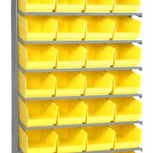 Introducing the Pick Rack: a 12D x 36W x 63.5H sloped, single-sided shelving unit made of galvanized steel, featuring eight shelves and 32 QSB207 yellow bins. This freestanding rack efficiently organizes small items with a robust capacity of 400 lbs.