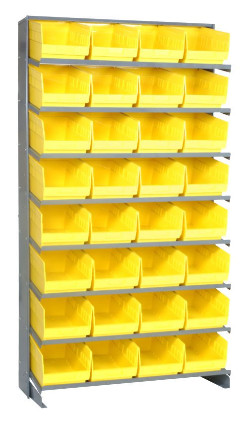 Introducing the Pick Rack: a 12D x 36W x 63.5H sloped, single-sided shelving unit made of galvanized steel, featuring eight shelves and 32 QSB207 yellow bins. This freestanding rack efficiently organizes small items with a robust capacity of 400 lbs.