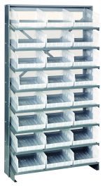 The Pick Rack is a tall, single-sided shelving unit made of galvanized steel with a grid-like design and sloped, clear plastic bins (Qsb209). It measures 12D x 36W x 63-1/2H, includes eight shelves, 24 bins, and supports up to 400 lbs., perfect for versatile storage needs.