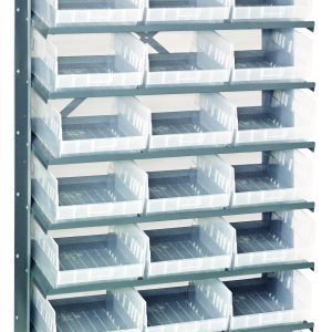The Pick Rack is a tall, single-sided shelving unit made of galvanized steel with a grid-like design and sloped, clear plastic bins (Qsb209). It measures 12D x 36W x 63-1/2H, includes eight shelves, 24 bins, and supports up to 400 lbs., perfect for versatile storage needs.