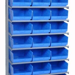 A single-sided, slope-designed pick rack made of galvanized steel has dimensions of 12D x 36W x 63-1/2H and a capacity of 400 lbs. It comes with eight shelves and includes twenty-four QSB209 blue bins for efficient storage.