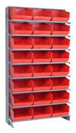 The Pick Rack is a sloped, single-sided storage unit with dimensions of 12D x 36W x 63-1/2H. It includes eight shelves and 24 QSB209 red bins, perfect for organizing small parts. Made of galvanized steel, it has a strong capacity of 400 lbs., ensuring efficient storage and easy access to essentials.