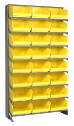 The single-sided Pick Rack features a sloped design, measuring 12D x 36W x 63.5H with a 400 lbs. capacity. It includes eight galvanized steel shelves and 24 open-topped Qsb209 yellow bins, perfect for organizing small items in workshops or garages.
