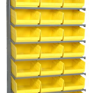 The single-sided Pick Rack features a sloped design, measuring 12D x 36W x 63.5H with a 400 lbs. capacity. It includes eight galvanized steel shelves and 24 open-topped Qsb209 yellow bins, perfect for organizing small items in workshops or garages.