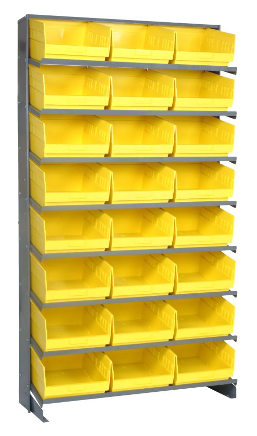 The single-sided Pick Rack features a sloped design, measuring 12D x 36W x 63.5H with a 400 lbs. capacity. It includes eight galvanized steel shelves and 24 open-topped Qsb209 yellow bins, perfect for organizing small items in workshops or garages.