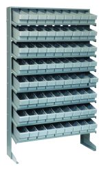 The Pick Rack is a single-sided metal shelving unit measuring 12D x 36W x 63-1/2H. It includes eight shelves with a total of 72 Qed501 gray bins, arranged in ten rows of eight, and has a capacity of 400 lbs. This galvanized steel unit is perfect for organizing tools or small parts.