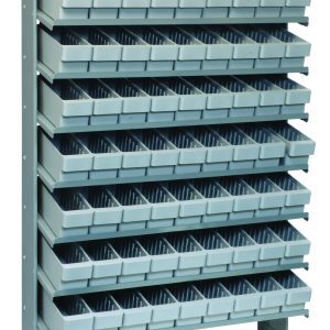 The Pick Rack is a single-sided metal shelving unit measuring 12D x 36W x 63-1/2H. It includes eight shelves with a total of 72 Qed501 gray bins, arranged in ten rows of eight, and has a capacity of 400 lbs. This galvanized steel unit is perfect for organizing tools or small parts.