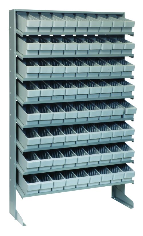 The Pick Rack is a single-sided metal shelving unit measuring 12D x 36W x 63-1/2H. It includes eight shelves with a total of 72 Qed501 gray bins, arranged in ten rows of eight, and has a capacity of 400 lbs. This galvanized steel unit is perfect for organizing tools or small parts.