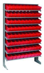The Pick Rack is a single-sided, sloped unit made of galvanized steel, measuring 12D x 36W x 63-1/2H with a capacity of 400 lbs. It includes eight shelves and seventy-two QED501 red bins, ideal for organizing tools or small parts efficiently.