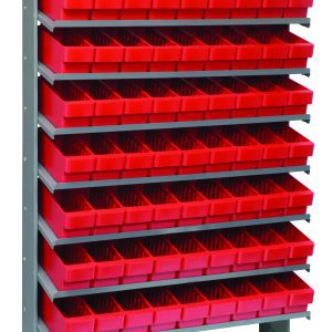 The Pick Rack is a single-sided, sloped unit made of galvanized steel, measuring 12D x 36W x 63-1/2H with a capacity of 400 lbs. It includes eight shelves and seventy-two QED501 red bins, ideal for organizing tools or small parts efficiently.