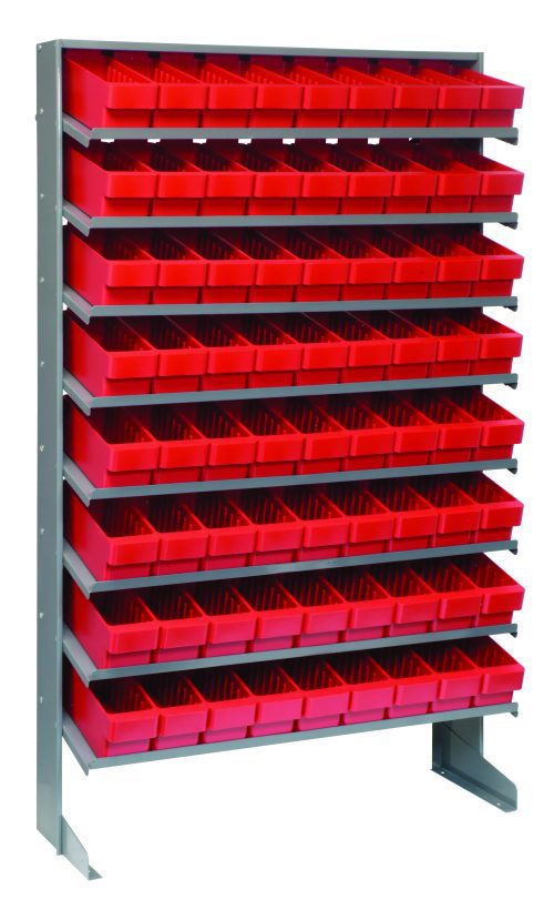 The Pick Rack is a single-sided, sloped unit made of galvanized steel, measuring 12D x 36W x 63-1/2H with a capacity of 400 lbs. It includes eight shelves and seventy-two QED501 red bins, ideal for organizing tools or small parts efficiently.
