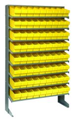 A galvanized steel, single-sided Pick Rack stands on a flat base, featuring 8 sloped shelves with 72 QED501 yellow bins for organizing small parts or tools in a workshop. The shelving unit measures 12D x 36W x 63-1/2H and supports up to 400 lbs.