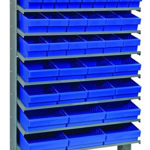 The Pick Rack is a single-sided, sloped metal shelving unit measuring 12D x 36W x 63-1/2H. It includes eight shelves with multiple blue bins: (18) Qed501, (12) Qed601, (8) Qed701, and (6) Qed801. With a 400 lbs. capacity and two sturdy legs, its ideal for organizing small parts or tools.