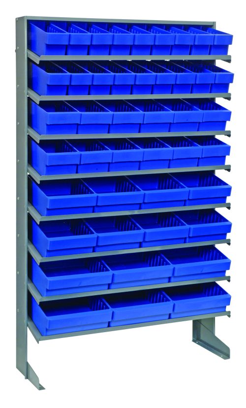 The Pick Rack is a single-sided, sloped metal shelving unit measuring 12D x 36W x 63-1/2H. It includes eight shelves with multiple blue bins: (18) Qed501, (12) Qed601, (8) Qed701, and (6) Qed801. With a 400 lbs. capacity and two sturdy legs, its ideal for organizing small parts or tools.
