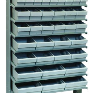 The single-sided pick rack measures 12D x 36W x 63-1/2H, holds up to 400 lbs., and features eight shelves with a galvanized steel frame, including an array of gray bins: (18) QED501, (12) QED601, (8) QED701, and (6) QED801 for efficient organization.