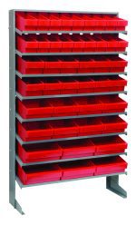 A single-sided, slopped pick rack (12D x 36W x 63-1/2H) in galvanized steel holds (18 Qed501, 12 Qed601, 8 Qed701, and 6 Qed801) vibrant red bins against a white background. With eight shelves and a total capacity of 400 lbs., it combines style and functionality effectively.