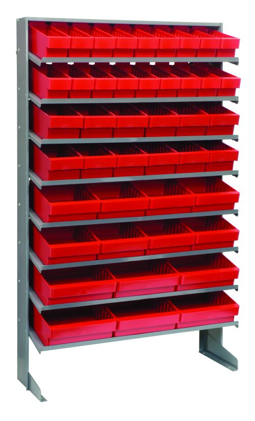 A single-sided, slopped pick rack (12D x 36W x 63-1/2H) in galvanized steel holds (18 Qed501, 12 Qed601, 8 Qed701, and 6 Qed801) vibrant red bins against a white background. With eight shelves and a total capacity of 400 lbs., it combines style and functionality effectively.