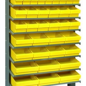 The Pick Rack is a single-sided galvanized steel shelving unit measuring 12D x 36W x 63-1/2H with a 400 lbs capacity. It includes eight shelves and multiple yellow bins: 18 Qed501, 12 Qed601, eight Qed701, and six Qed801, ideal for organizing small parts or tools.