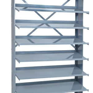 The Pick Rack is a tall, steel shelving unit measuring 12D x 36W x 63-1/2H, single-sided with eight horizontal shelves and a capacity of 400 lbs. It features cross-bracing for stability, minimalist design, and is ideal for storage or display. Bins not included.