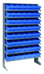 A gray galvanized steel pick rack, single-sided and sloped, is 12D x 36W x 63-1/2H with a 400 lbs. capacity. It includes eight shelves with 48 QED601 blue bins for efficient small item organization.