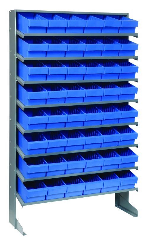 A gray galvanized steel pick rack, single-sided and sloped, is 12D x 36W x 63-1/2H with a 400 lbs. capacity. It includes eight shelves with 48 QED601 blue bins for efficient small item organization.