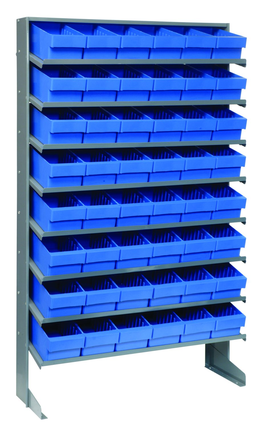Single-sided sloped pick rack with eight tiers of blue open-front shelf bins