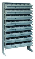 The single-sided Pick Rack, measuring 63-1/2H x 36W x 12D, features eight sloped shelves with a total of 48 gray plastic bins (model QED601), ideal for efficiently organizing small items up to a capacity of 400 lbs. Made from galvanized steel.