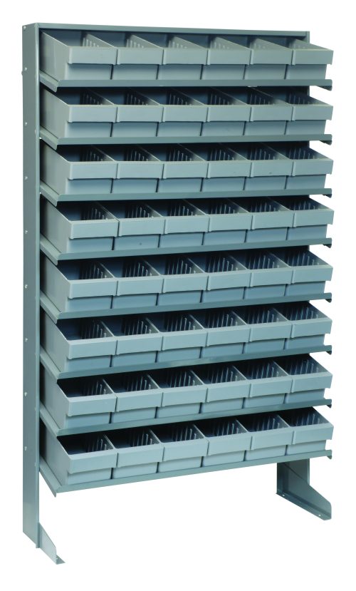 The single-sided Pick Rack, measuring 63-1/2H x 36W x 12D, features eight sloped shelves with a total of 48 gray plastic bins (model QED601), ideal for efficiently organizing small items up to a capacity of 400 lbs. Made from galvanized steel.