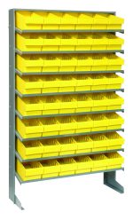 The Pick Rack is a single-sided, sloped storage solution featuring 48 Qed601 yellow bins aligned on eight shelves within a 12D x 36W x 63-1/2H galvanized steel frame. It boasts a sturdy 400 lbs. capacity, ideal for organized sorting and easy access.