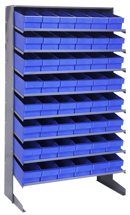 Introducing the Pick Rack: a sloped, single-sided unit measuring 18D x 36W x 60H with eight shelves and 48 QED602 blue bins. Made from galvanized steel, it supports up to 400 lbs., offering front access for efficient organization of small parts or tools.