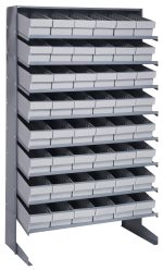 The Pick Rack is a single-sided, sloped shelving unit made from galvanized steel, featuring eight shelves and 48 QED602 gray bins (18D x 36W x 60H), with a 400 lbs. capacity. Ideal for garages or workshops, it efficiently organizes small items across its eight rows.