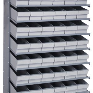 The Pick Rack is a single-sided, sloped shelving unit made from galvanized steel, featuring eight shelves and 48 QED602 gray bins (18D x 36W x 60H), with a 400 lbs. capacity. Ideal for garages or workshops, it efficiently organizes small items across its eight rows.