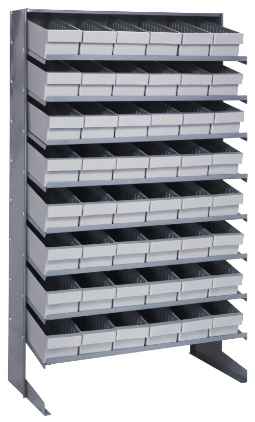 QPRS 18-602 Gray 2 The Pick Rack is a single-sided, sloped shelving unit made from galvanized steel, featuring eight shelves and 48 QED602 gray bins (18D x 36W x 60H), with a 400 lbs. capacity. Ideal for garages or workshops, it efficiently organizes small items across its eight rows.